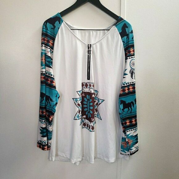 Tops - Southwestern Boho Tunic Turquoise Aztec Horse Equestrian V-Neck Long Sleeve 2XL